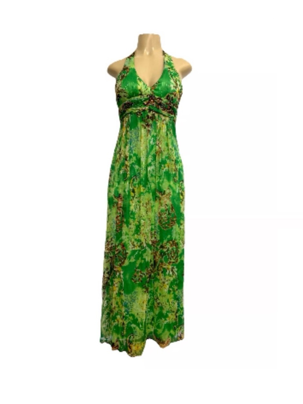 SUE WONG Vintage Silk Green Floral Halter Maxi Dress with Gold Threading SZ 4